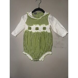 Gingham Shamrock Smocked Baby Romper Green White St Patricks Day 18M